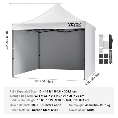 Pop Up-tält med tak, paviljongtält 304,8 x 304,8 cm med sidoväggar och väska, vitt