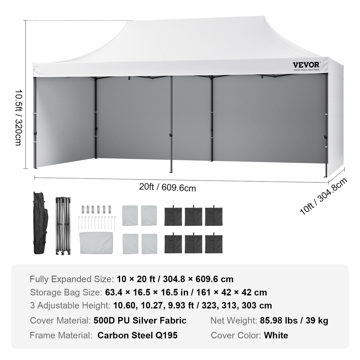 Pop Up-tält med tak, paviljongtält 3,05 x 6,1 m med sidoväggar och väska, vitt