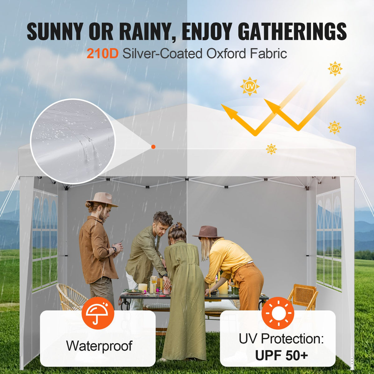 Pop-up-tält, 2,95 x 2,95 m portabel paviljong med direkttak, 3 sidoväggar och 2 ventilerade fönster, höjdjusterbart pop-up-tält för utomhusbruk för evenemang, uteplats, bakgård, fest, parkering