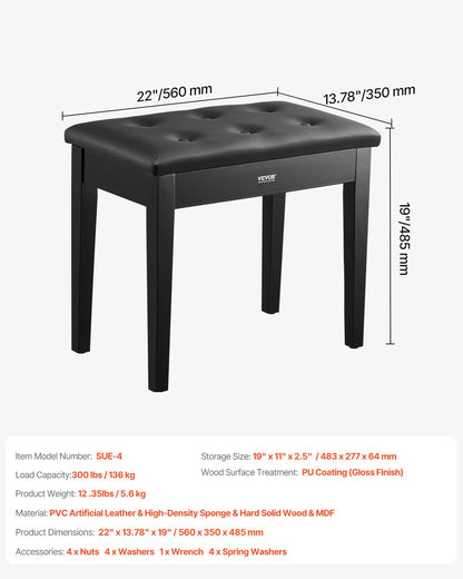 Piano Keyboard Bänk Förvaring Vadderad Sits Trä Vanity Bokhylla Pall 560x350x485mm