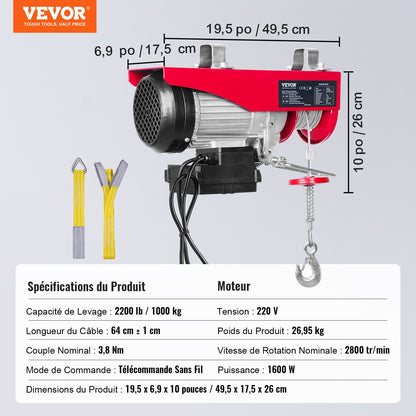 Electric Hoist 2200 lb Electric Winch Wire Rope 1600W 220V Wireless Remote Control Lifting Electric Jack Portable Winch Electric Capstan
