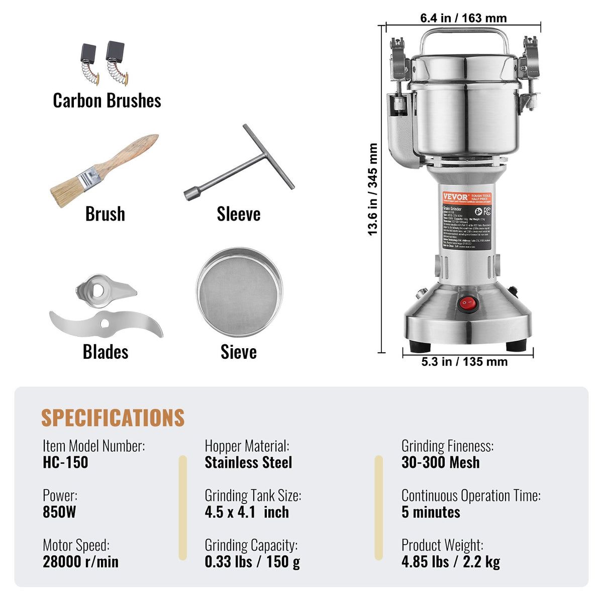 150g Electric Grain Mill Grinder, High Speed 850W Commercial Spice Grinders, Stainless Steel Pulverizer Powder Machine, for Dry Grains Spices Cereals Coffee Corn Pepper, Straight Type