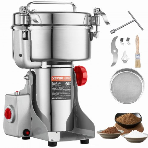 2000g elektrisk spannmålskvarn, höghastighets 3400W kommersiella kryddkvarnar, pulvermaskin i rostfritt stål, för torra spannmål, kryddor, spannmål, kaffe, majs, peppar, svängtyp
