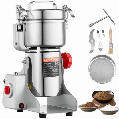 500g elektrisk spannmålskvarn, höghastighets 2000W kommersiella kryddkvarnar, pulvermaskin i rostfritt stål, för torra spannmål, kryddor, spannmål, kaffe, majs, peppar, svängtyp
