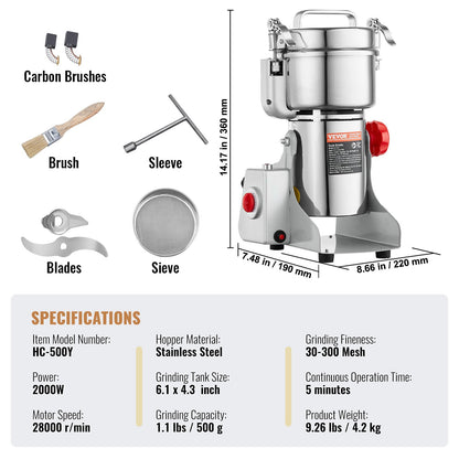 500g elektrisk spannmålskvarn, höghastighets 2000W kommersiella kryddkvarnar, pulvermaskin i rostfritt stål, för torra spannmål, kryddor, spannmål, kaffe, majs, peppar, svängtyp