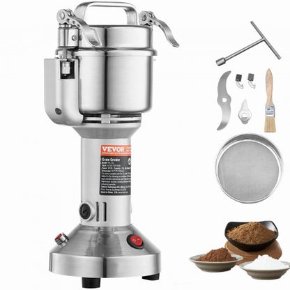 750g elektrisk spannmålskvarn, höghastighets 2000W kommersiella kryddkvarnar, pulvermaskin i rostfritt stål, för torra spannmål, kryddor, spannmål, kaffe, majs, peppar, rak typ