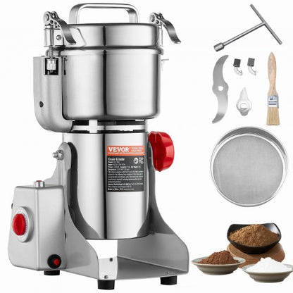750g elektrisk spannmålskvarn, höghastighets 2000W kommersiella kryddkvarnar, pulvermaskin i rostfritt stål, för torra spannmål, kryddor, spannmål, kaffe, majs, peppar, svängtyp