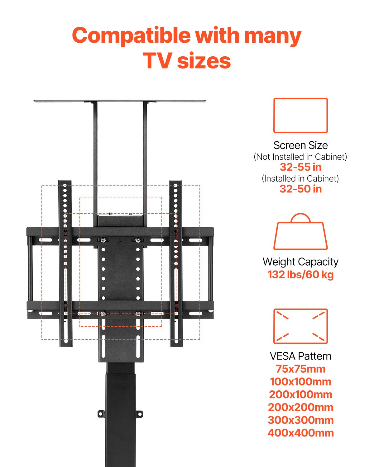 Motoriserat TV-lyftstativ, max 132 lbs belastning, justerbart TV-lyftstativfäste, vertikalt elektriskt TV-fäste med fjärrkontroll, för 32-55 tum (ej i skåp) / 32-50 tum (i skåp) TV-apparater