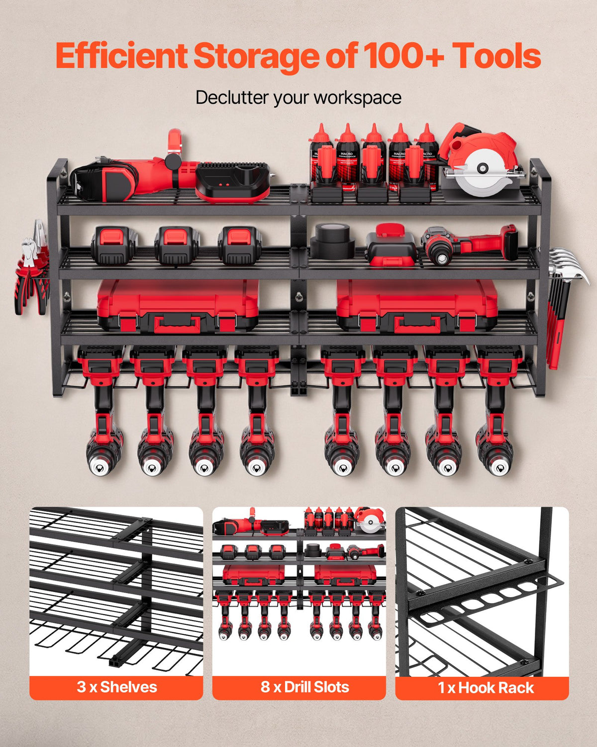 Power Tool Organizer Wall Mount, 4-Layer Storage Rack with 8 Drill Holders, Tools Holder and Storage Rack with Screwdriver Holder, Garage Tool Organizer for Garage, Workbench, and Workshop