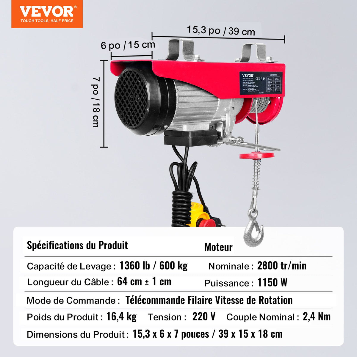 Electric Hoist, 598.7 kg Lifting Capacity, 1150W 220V Electric Steel Wire Winch with 427 cm Wired Remote Control, 1219 cm Single Cable Lifting Height & Pure Copper Motor, for Garage Warehouse Factory