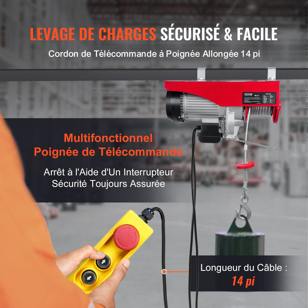 Electric Hoist, 998 kg Lifting Capacity, 1600W 220V Electric Steel Wire Winch with 427 cm Wired Remote Control, 1219 cm Single Cable Lifting Height & Pure Copper Motor, for Garage Warehouse Factory
