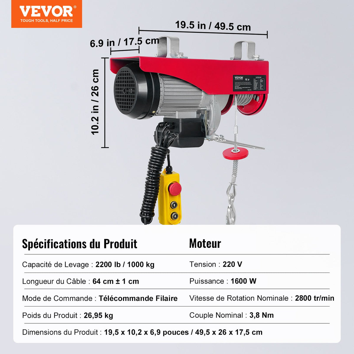 Electric Hoist, 998 kg Lifting Capacity, 1600W 220V Electric Steel Wire Winch with 427 cm Wired Remote Control, 1219 cm Single Cable Lifting Height & Pure Copper Motor, for Garage Warehouse Factory