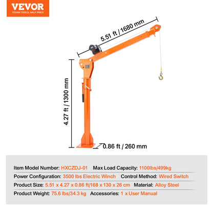 Electric Pickup Truck Crane Hoist Crane 499 kg 360° Swivel Hoist Lift