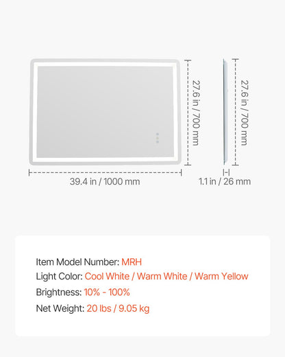 LED-badrumsspegel, 70 x 100 cm LED-badrumsspegel med frontbelysning och bakgrundsbelysning, imfri spegel med minne och belysning, steglöst dimbar badrumsspegel i 3 färger, väggmonterad