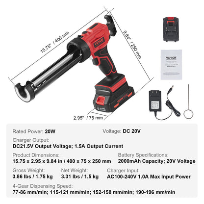 20V Cordless Electric Caulking Gun 10oz/300ml with 4 Adjustable Speeds