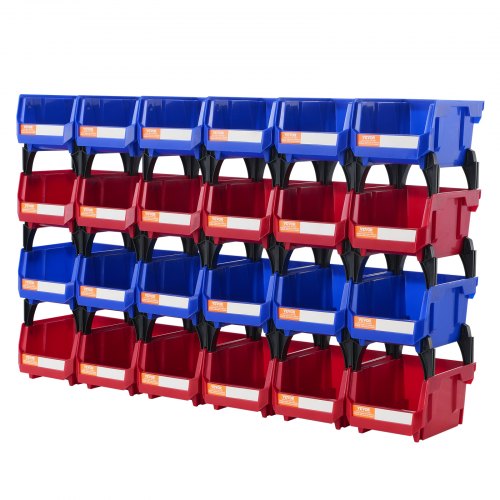 Plastförvaringslåda, (13 x 10 x 7,5 cm), hängande stapelbar förvaringslåda, blå/röd, 24-pack, kraftiga stapelbara behållare för garderober, kök, kontor eller skafferi
