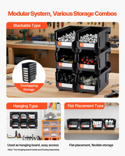 Stapelbara förvaringslådor i plast, 37,7 x 21,5 x 18 cm (6-pack), plastbehållare för organisering och förvaringslådor för garderober, garage, smådelar, kontorsmaterial och andra tillbehör, svart