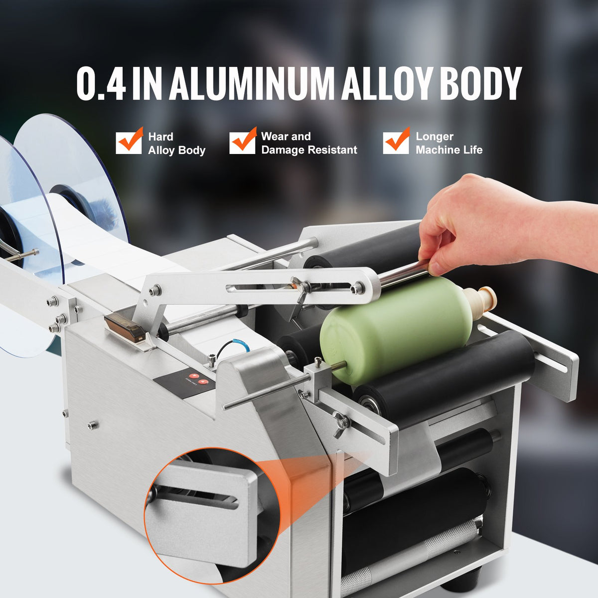 Halvautomatisk rund etiketteringsmaskin, 20-50 st/min, elektrisk etikettapplikator för runda flaskor, rund flasketiketteringsmaskin lämplig för flaskdiameter 2-12 cm (med pressstång)