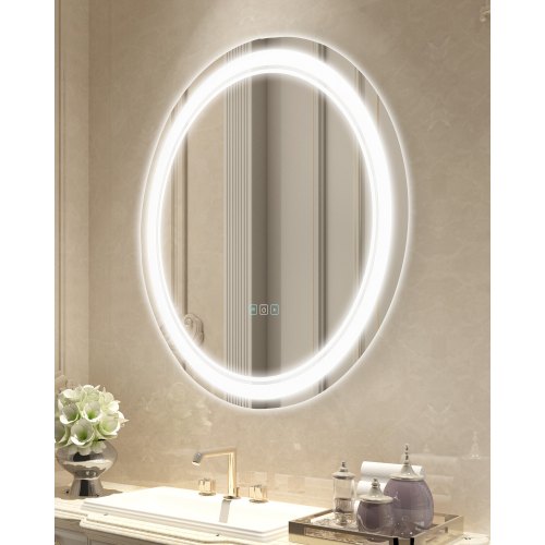 LED-badrumsspegel, 60 cm rund LED-badrumsspegel med frontbelysning och bakgrundsbelysning, imfri spegel med minne och belysning, steglöst dimbar badrumsspegel med 3 färger, väggmonterad