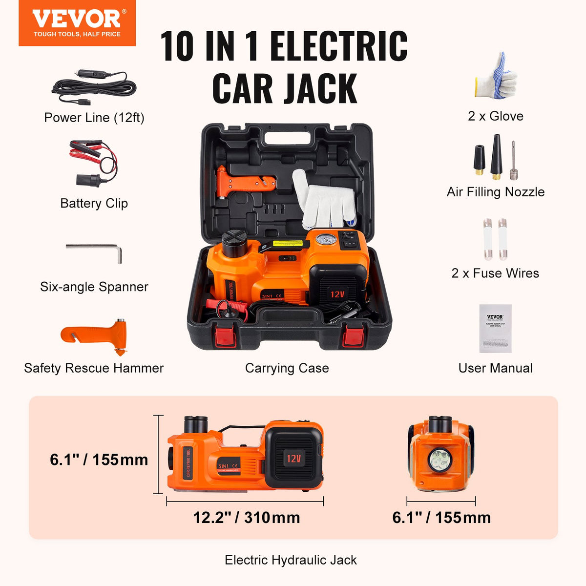 Electric Hydraulic Car Floor Jack 5 Ton 12V Built-in Tire Inflator Pump