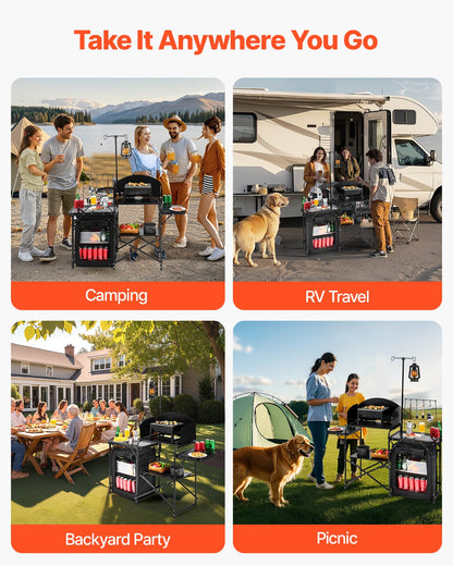 Campingköksbord, utomhusmatlagningsbord, bärbar kokstation i aluminium med förvaringsskåp, bärväska, avtagbar vindruta, snabb uppsättning för grillfest, picknick, husbilsresor, svart