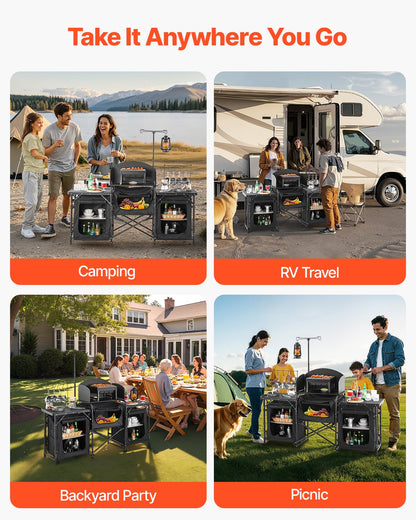 Campingköksbord, utomhusmatlagningsbord, bärbar kokstation i aluminium med 3 förvaringsskåp, bärväska, avtagbar vindruta, snabb uppsättning för grillfest, picknick, husbilsresor, svart
