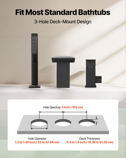 Roman Tub Faucet, 3 Hole Waterfall Bathtub Faucet, Roman Bathtub Faucets Set with Shower Head & 1 Handle, Deck Mount Bath Tub Faucets Set for Baby Care, Matte Black, Stainless Steel, Drip-Free