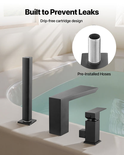 Roman Tub Faucet, 3 Hole Waterfall Bathtub Faucet, Roman Bathtub Faucets Set with Shower Head & 1 Handle, Deck Mount Bath Tub Faucets Set for Baby Care, Matte Black, Stainless Steel, Drip-Free
