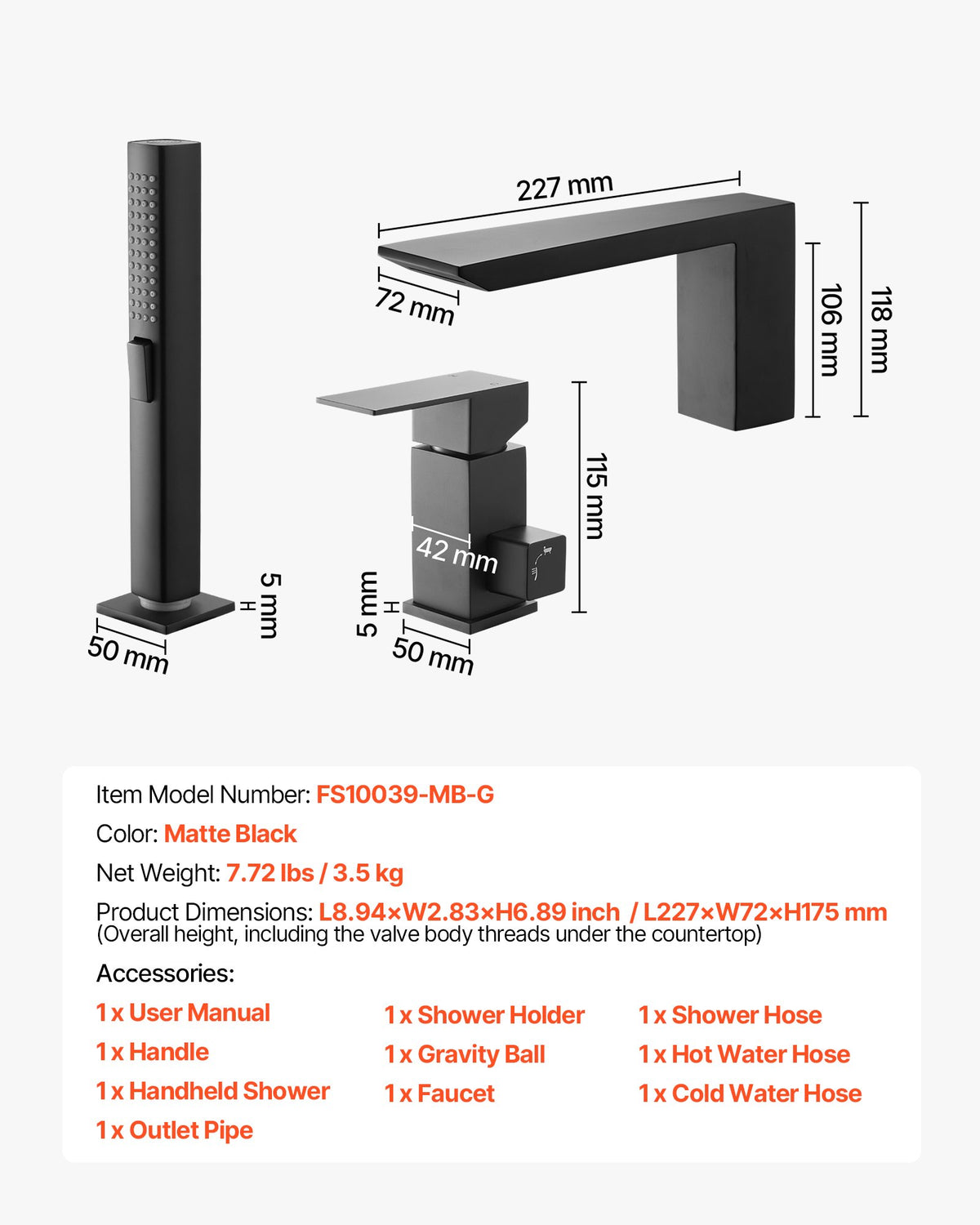 Roman Tub Faucet, 3 Hole Waterfall Bathtub Faucet, Roman Bathtub Faucets Set with Shower Head & 1 Handle, Deck Mount Bath Tub Faucets Set for Baby Care, Matte Black, Stainless Steel, Drip-Free