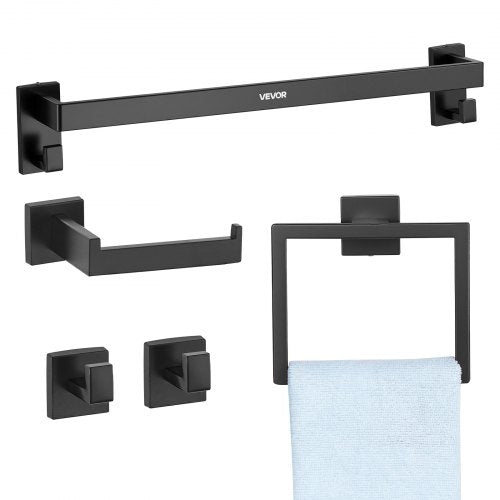 Matte Black Bathroom Hardware Set, 5 Pieces Stainless Steel Bathroom Accessories Set, 24-inch Towel Bar, Towel Rack, 2 Robe Towel Hooks, Toilet Paper Holder, for Bath Room, Wall Mounted