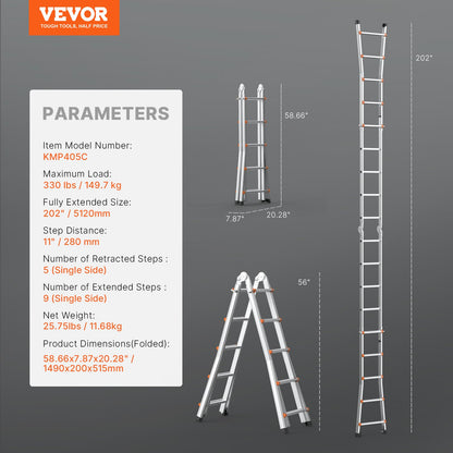 Teleskopstege A-ram, 17 fot kompakt förlängningsstege i aluminium, multifunktionell bärbar hopfällbar husbilsstege, teleskopstege för läxtrappor inomhus utomhus tak, 136 kg belastning
