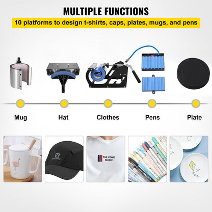 Heat Press 30.5x38.1 cm 10 In 1 Heat Press 1000W Heat Press Machine with 360° Rotation Swing Away White Heat Press T-Shirt Sublimation Machine Dual-tube Heating for DIY Pens Caps Mugs and Shirts
