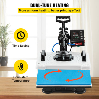 Heat Press 30.5x38.1 cm 10 In 1 Heat Press 1000W Heat Press Machine with 360° Rotation Swing Away White Heat Press T-Shirt Sublimation Machine Dual-tube Heating for DIY Pens Caps Mugs and Shirts