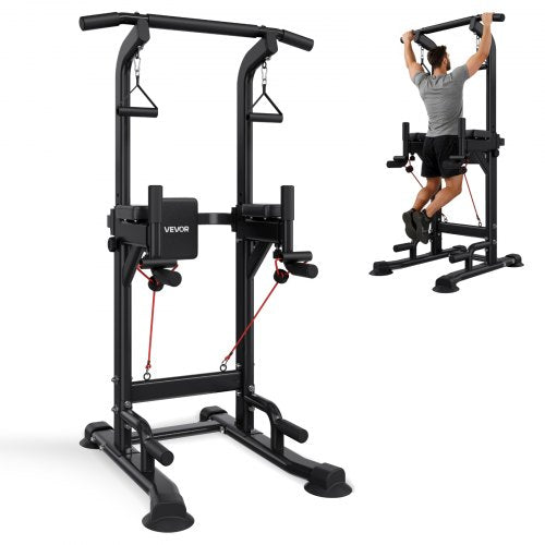 Pull Up Bar, 150kg Power Tower Dip Station, Workout Dip Station with H-Shaped Stable Base & Back Pad, Adjustable 12 Level Height Free Standing Chin Up Bar for Back, 4-Level Adjustable Back Pad