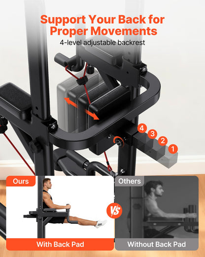 Pull Up Bar, 150kg Power Tower Dip Station, Workout Dip Station with H-Shaped Stable Base & Back Pad, Adjustable 12 Level Height Free Standing Chin Up Bar for Back, 4-Level Adjustable Back Pad