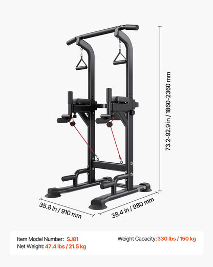 Pull Up Bar, 150kg Power Tower Dip Station, Workout Dip Station with H-Shaped Stable Base & Back Pad, Adjustable 12 Level Height Free Standing Chin Up Bar for Back, 4-Level Adjustable Back Pad