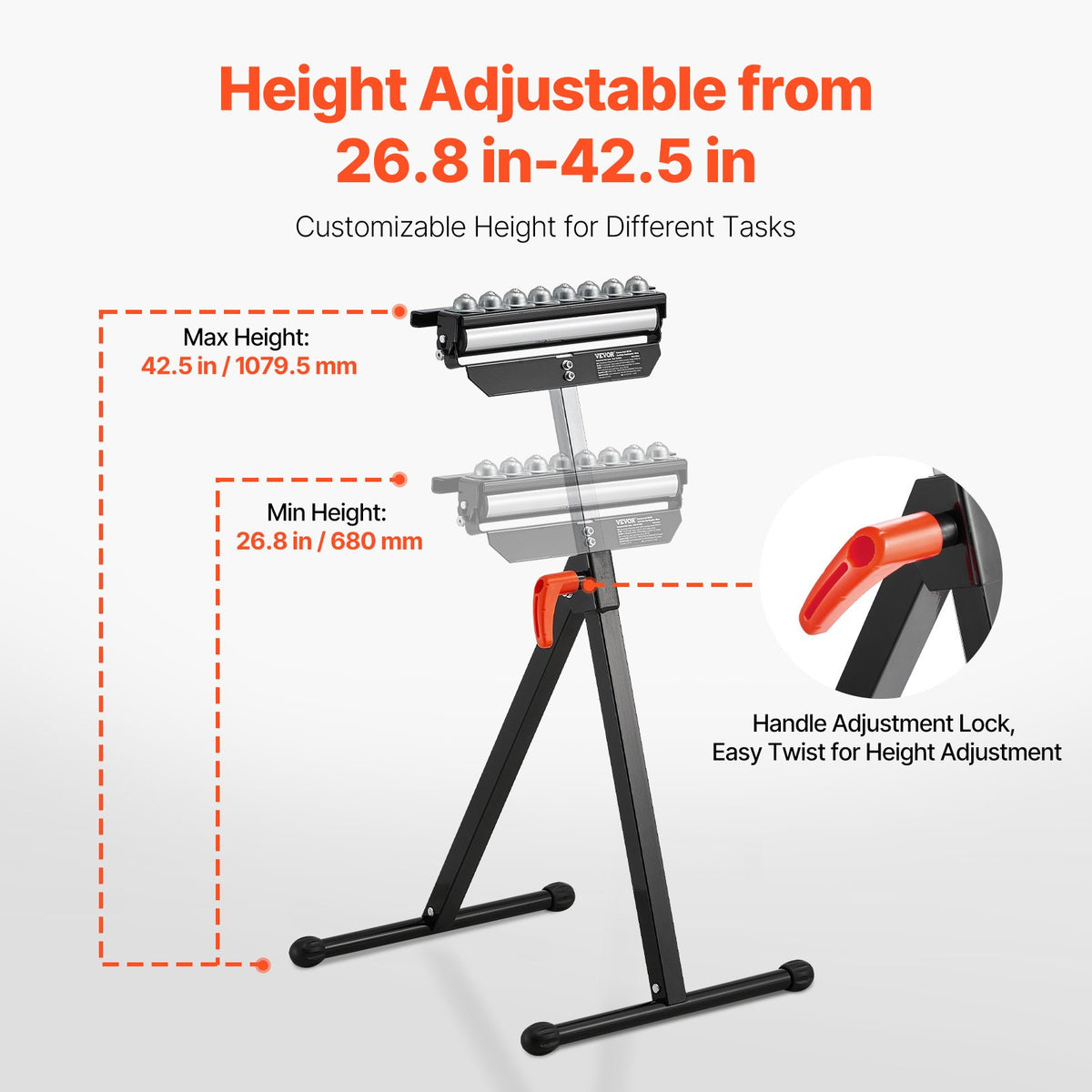 Rullstativ, 136 kg lastkapacitet, 68–108 cm justerbar höjd, hopfällbar, kraftig med 29,2 cm polerat rullhuvud i flera riktningar, för bordssågens utmatning, träbearbetningsförlängningsstöd