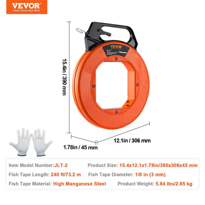 Fisktejp, 73,2 m 3 mm (240 fot, 1/8 tum), ståltrådsavdragare med optimerat hölje och handtag, lättanvänt kabelavdragare, flexibla trådfiskeverktyg för väggar och elrör, icke-ledande