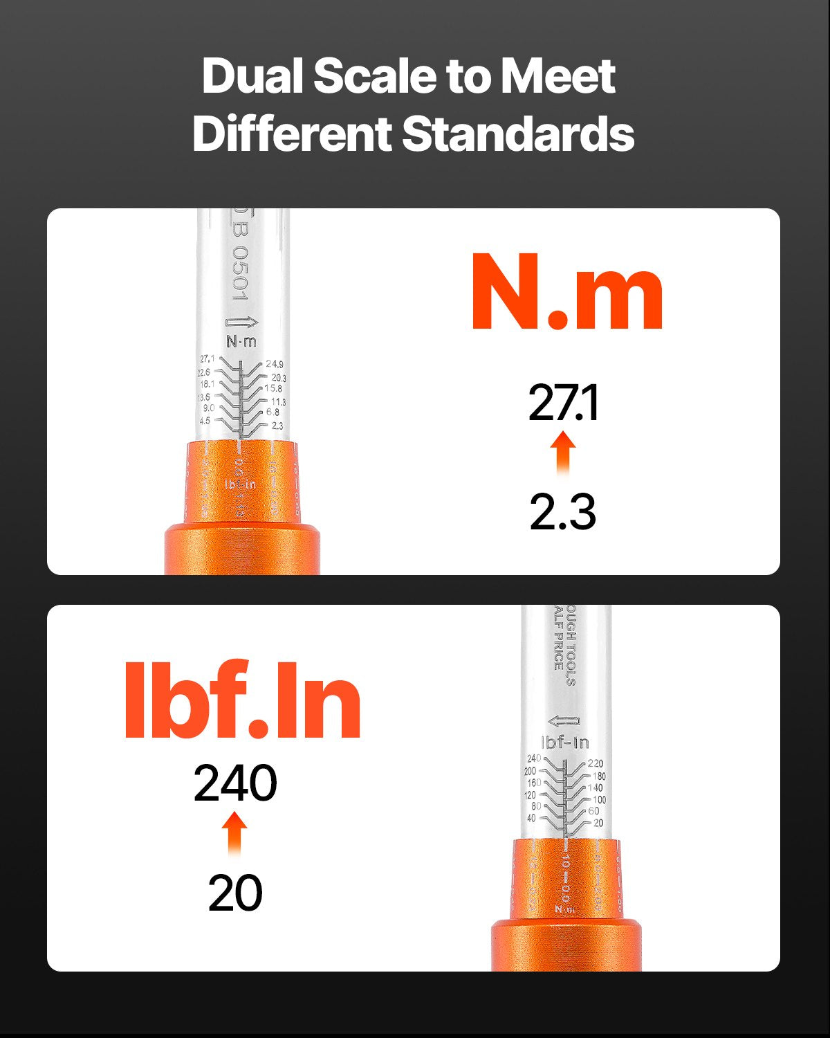 Click momentnyckelsats, 1/4-tums fattning, 20–240 lbf-in / 2,3–27,1 Nm, skalor för dubbla riktningar och dubbla skalområden, 72 tänder, ±3 % hög precision, med bits, hylsor, adaptrar, förlängningsstång, orange
