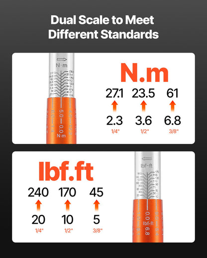 Click momentnyckelsats, 3 delar, 1/4, 3/8, 1/2 tums fattning, 10–170 lbf-ft, 5–45 lbf-ft, 20–240 lbf-in, skalor för dubbla riktningar och dubbla område, 72 tänder, ±3 % hög precision, för cykelreparationer
