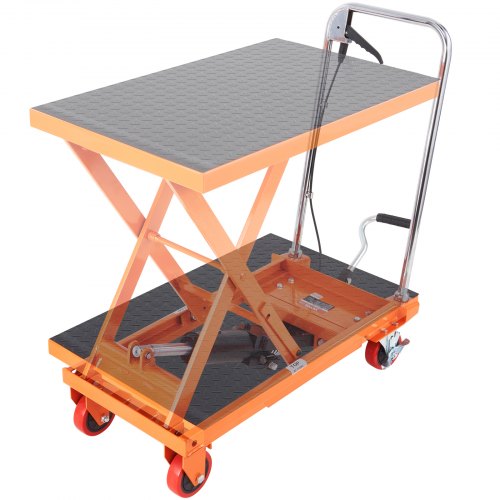 Hydraulisk lyftbordsvagn, 500 kg kapacitet 28,5" lyfthöjd, manuellt enkel saxlyftbord med 4 hjul och halkfri dyna, hydraulisk saxvagn för materialhantering, orange