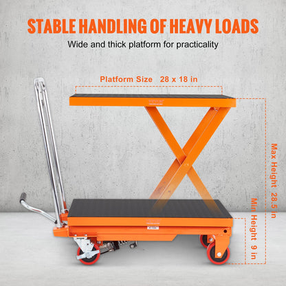 Hydraulisk lyftbordsvagn, 500 kg kapacitet 28,5" lyfthöjd, manuellt enkel saxlyftbord med 4 hjul och halkfri dyna, hydraulisk saxvagn för materialhantering, orange