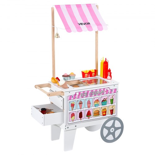 Glassvagn för barn, 20+ delar tillbehör, låtsaslek, glassbutik, köksmatleksaker med glasstrut och isglass, markis och frys, förvaringslådor och vändbara menyer, för barn i åldrarna 3-7