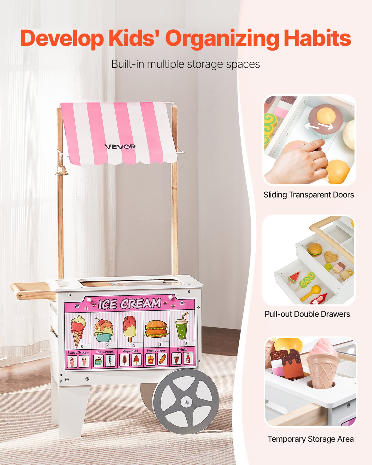 Glassvagn för barn, 20+ delar tillbehör, låtsaslek, glassbutik, köksmatleksaker med glasstrut och isglass, markis och frys, förvaringslådor och vändbara menyer, för barn i åldrarna 3-7