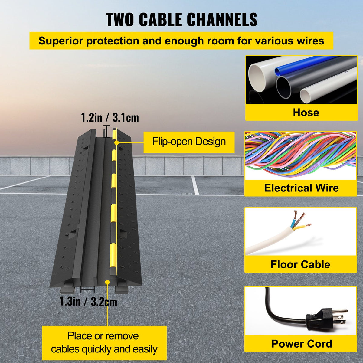 Cable Protector Ramp, 4 Packs 2 Channels Speed Bump Hump, 101x24.5x5 cm Rubber Modular Speed Bump Rated 4989.5 kg Load Capacity, Protective Wire Cord Ramp Driveway Rubber Traffic Speed Bumps Cable Protector