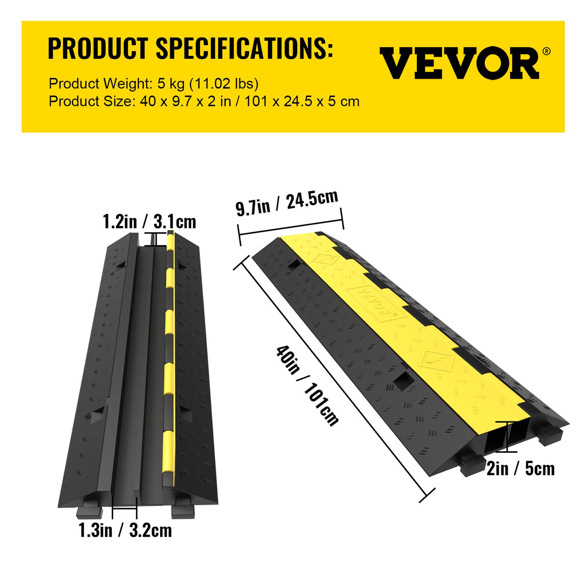 Cable Protector Ramp 101x24.5x5 cm , 5 Packs 2 Channels Speed Bump Hump, Rubber Modular Speed Bump Rated 4989.5 kg Load Capacity, Protective Wire Cord Ramp Driveway Rubber Traffic Speed Bumps Cable Protector