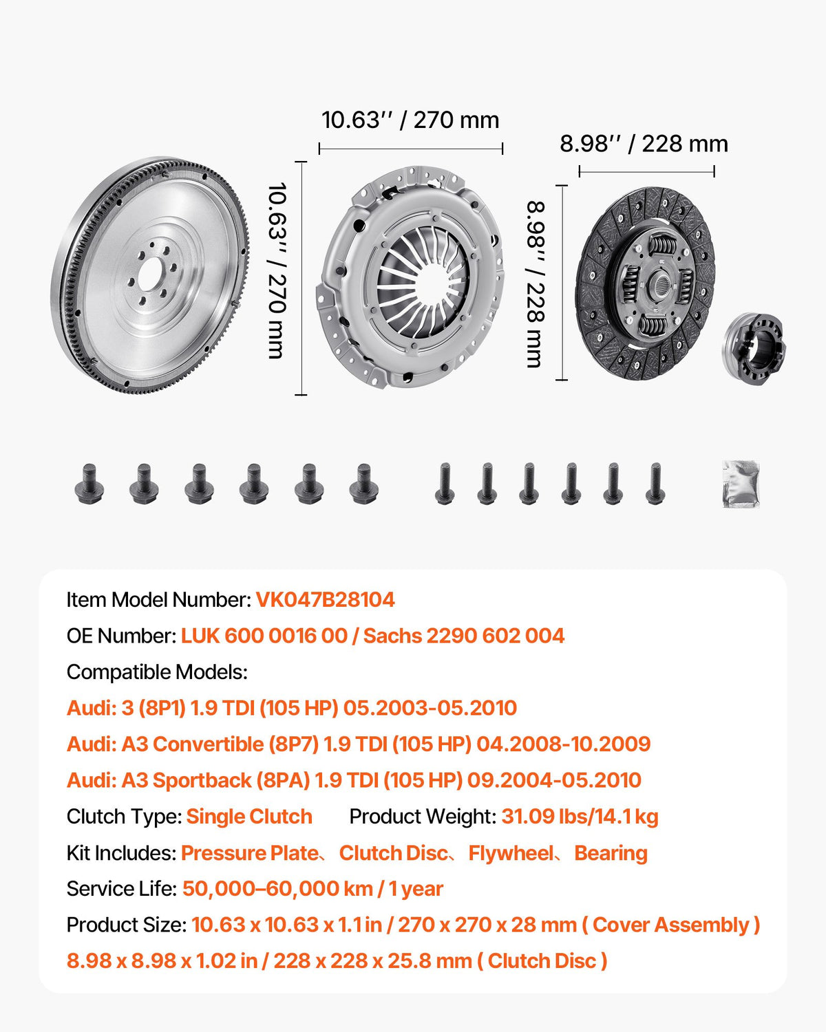 Kopplingssats med svänghjul, Extra kraftig OEM-kopplingssats, OEM-ersättningskopplingssats för växellåda, kompatibel med Audi A3 (8P1) från 2003-2010, A3 Cabriolet (8P7) från 2008-2009, A3 Sportback (8PA) från 2004-2010.