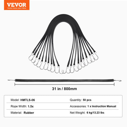 50-delad platt bungee-lina, 19,8 mm kraftiga bungee-remmar med stål-S-krokar, 31" elastiskt bungee-rep för last, presenningar, lastbilar och tält, svart