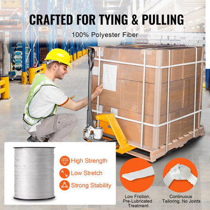 Polyesterdragtejp, 3/4" x 265' platt rep, dragkapacitet 2500 lbf, tryckt vävband för kabeldragning för förpackningar, trädgårdsskötsel, kommersiell el, rörledningsarbeten, vit