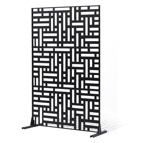 Metallskärm, 113 cm B x 183 cm H, 3-panelers avskärmning för utomhusbruk, fristående avdelare med stativ, dekorativt trädgårdsstaket i stål för balkong, uteplats, inomhusrum, bubbelpool, svart